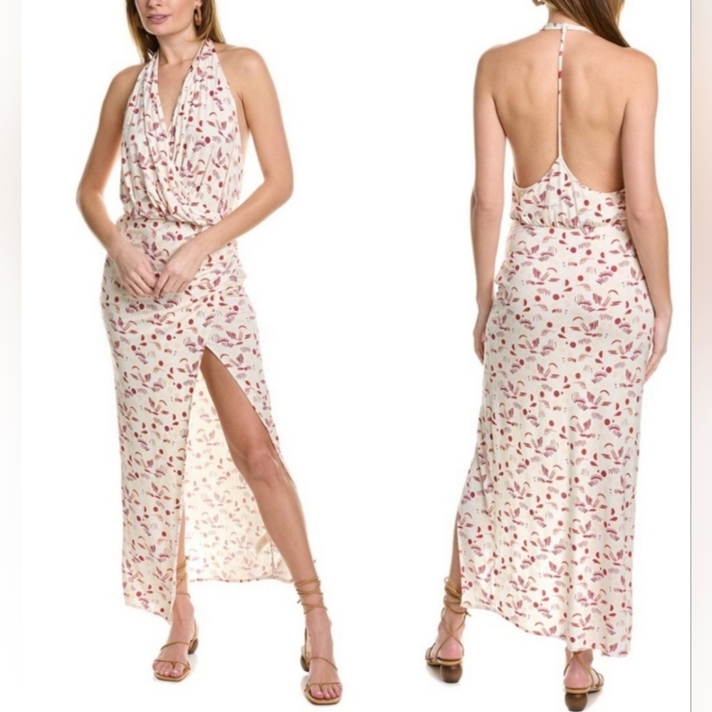 New Free People Dress Daria Ivory Graphic Print Jersey Maxi  Size Large Halter